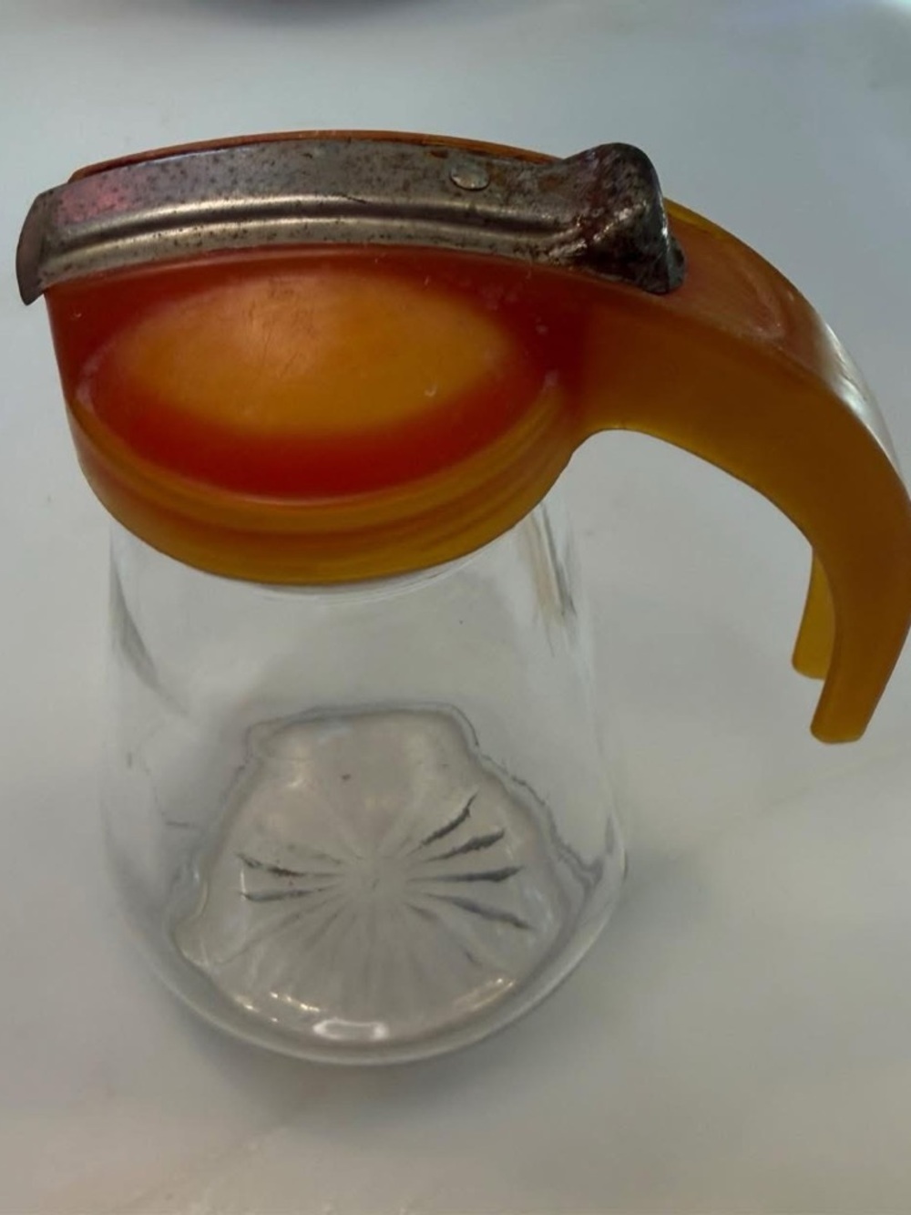 Vintage Glass Syrup Pitcher with Orange Bakelite Style Handle